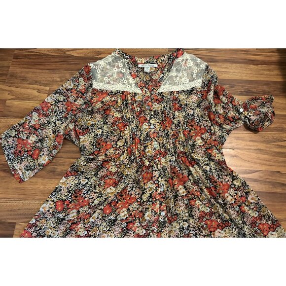 American Rag Cie Plus 2X Floral Boho Peasant Blouse Sheer Lace Yoke Button Front - Picture 2 of 15